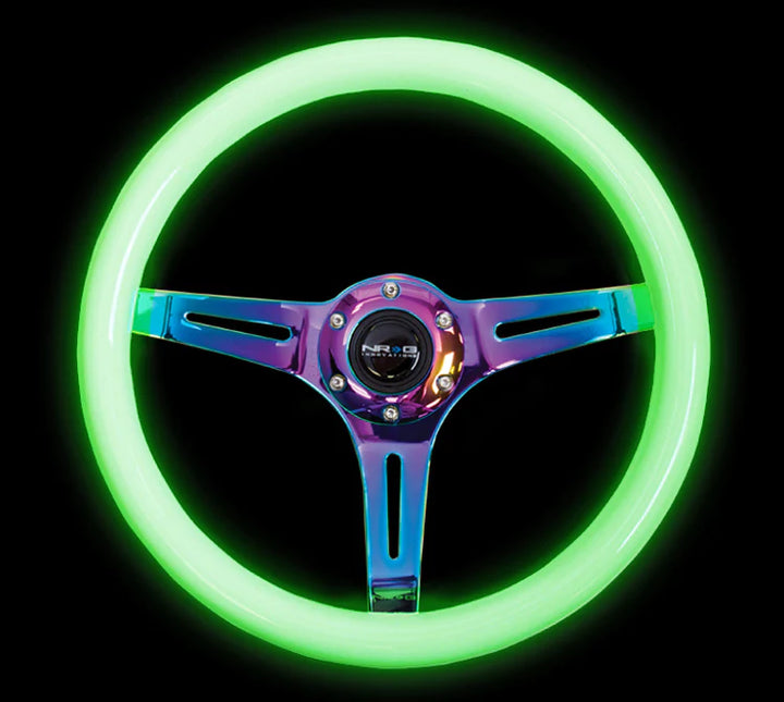 NRG Steering Wheel Wood Grain - 350mm 3 Neochrome spokes - Glow in the dark