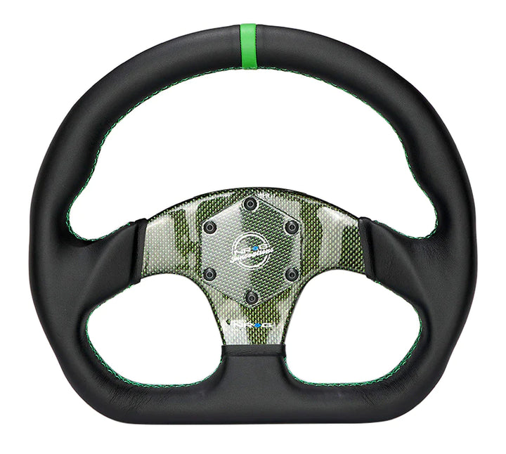 NRG Steering Wheel Carbon Fiber 320mm Green Carbon Fiber Center with Green Stitch Green Center Mark Flat Bottom