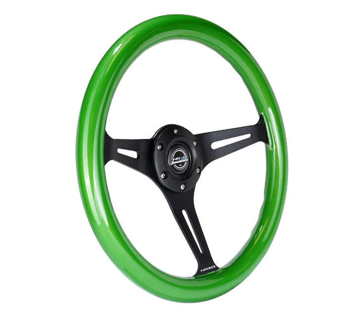 NRG Steering Wheel Wood Grain - 350mm 3 black spokes - green pearl flake paint