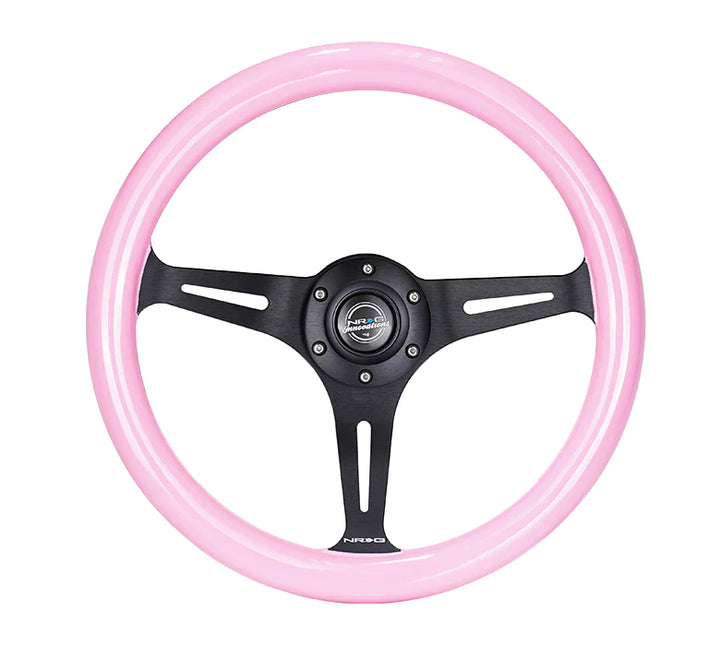 NRG Steering Wheel Wood Grain - 350mm 3 black spokes - solid pink painted grip
