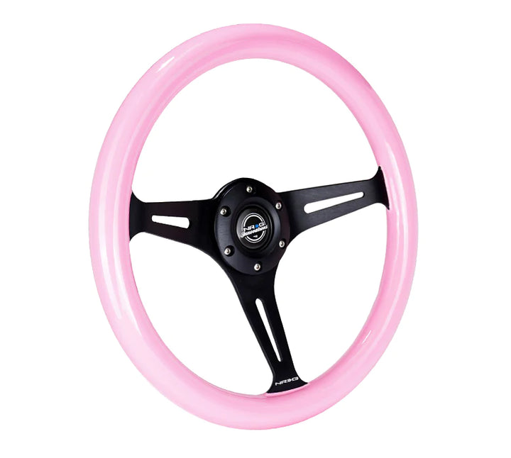 NRG Steering Wheel Wood Grain - 350mm 3 black spokes - solid pink painted grip