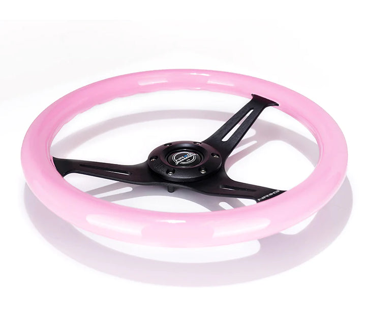 NRG Steering Wheel Wood Grain - 350mm 3 black spokes - solid pink painted grip