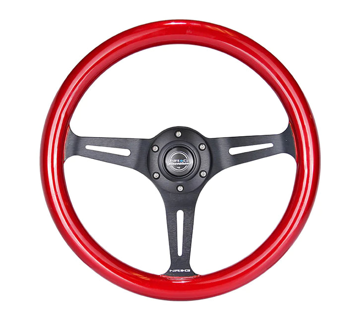 NRG Steering Wheel Wood Grain - 350mm 3 black spokes - red pearl flake paint