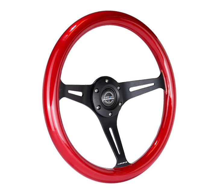 NRG Steering Wheel Wood Grain - 350mm 3 black spokes - red pearl flake paint