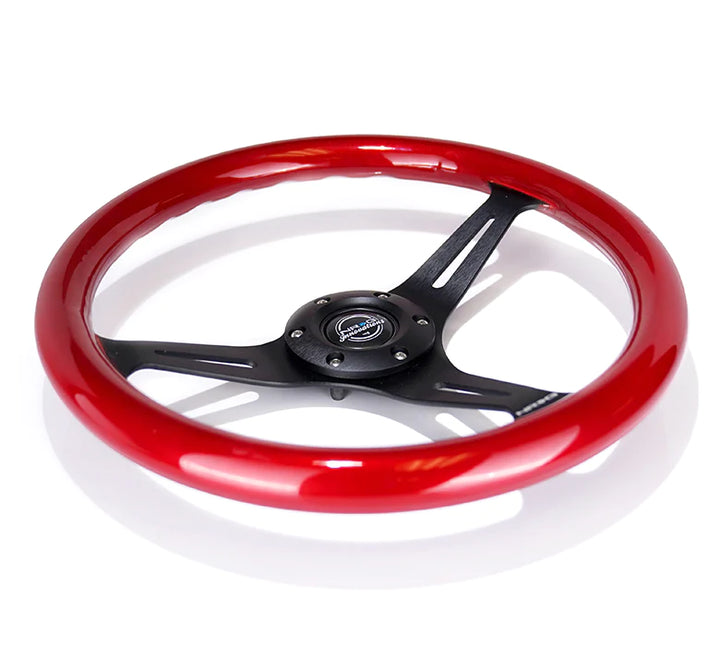 NRG Steering Wheel Wood Grain - 350mm 3 black spokes - red pearl flake paint