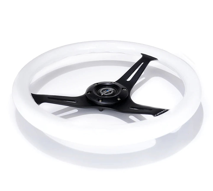 NRG Steering Wheel Wood Grain - 350mm 3 Black spokes - White Paint