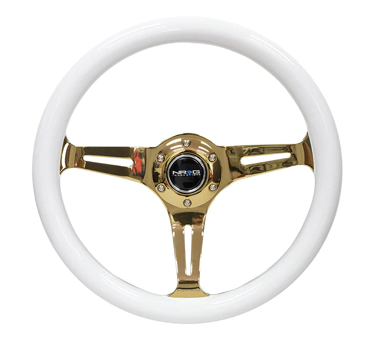 NRG Steering Wheel Wood Grain - 350mm 3 Chrome Gold Spokes - White