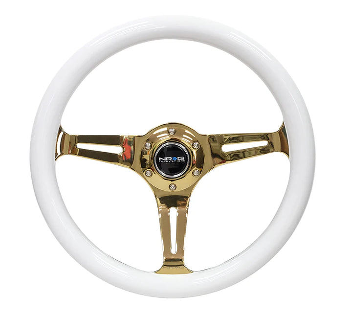 NRG Steering Wheel Wood Grain - 350mm 3 Chrome Gold Spokes - White Grip