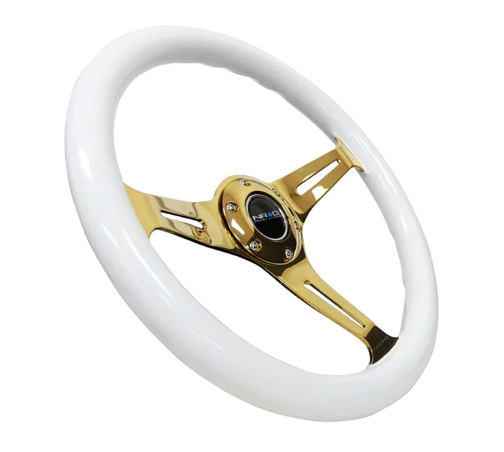 NRG Steering Wheel Wood Grain - 350mm 3 Chrome Gold Spokes - White Grip