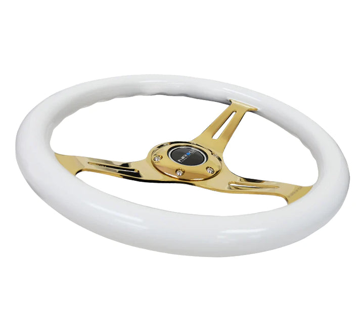 NRG Steering Wheel Wood Grain - 350mm 3 Chrome Gold Spokes - White Grip
