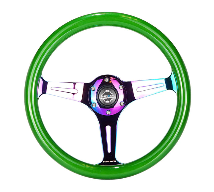 NRG Steering Wheel Wood Grain - 350mm 3 Neochrome spokes - green pearl flake