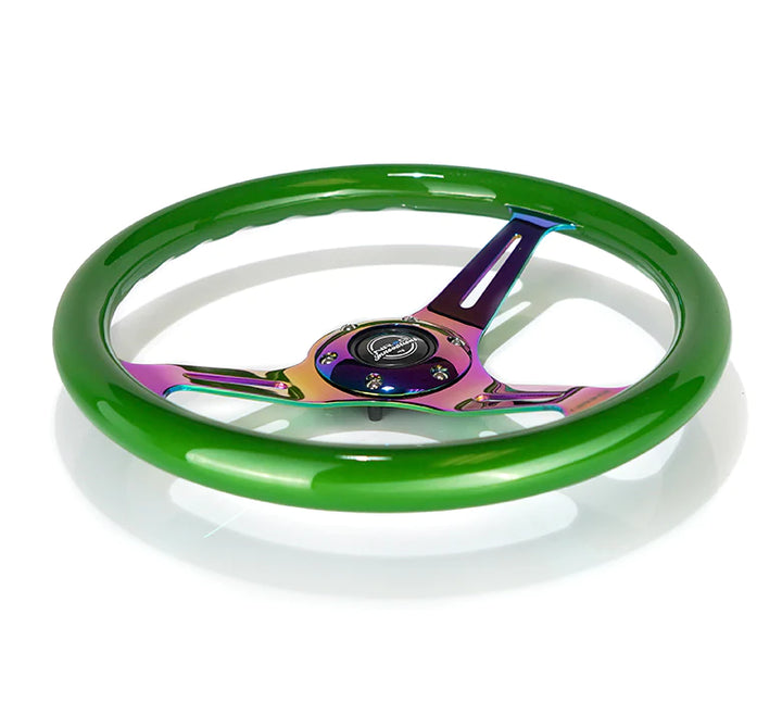 NRG Steering Wheel Wood Grain - 350mm 3 Neochrome spokes - green pearl flake