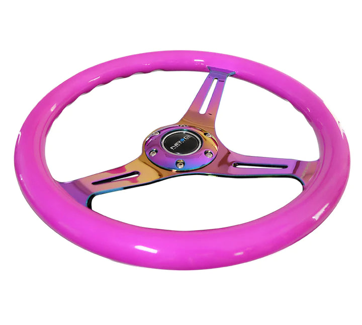 NRG Steering Wheel Wood Grain - 350mm 3 Neochrome spokes - Neon Purple