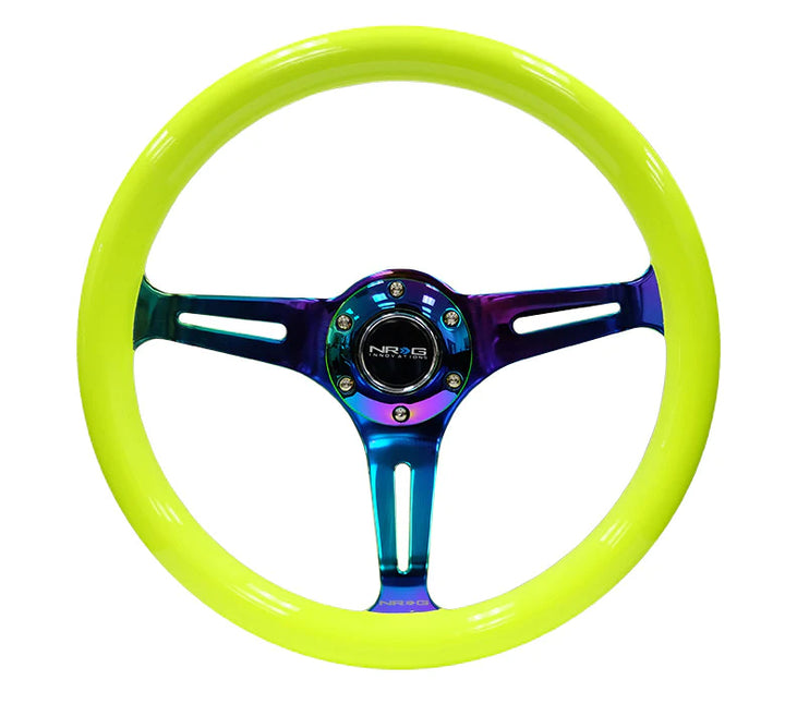 NRG Steering Wheel Wood Grain - 350mm 3 Neochrome spokes - Neon Yellow