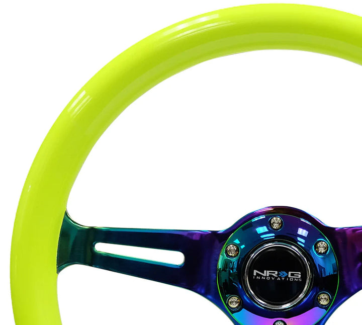NRG Steering Wheel Wood Grain - 350mm 3 Neochrome spokes - Neon Yellow