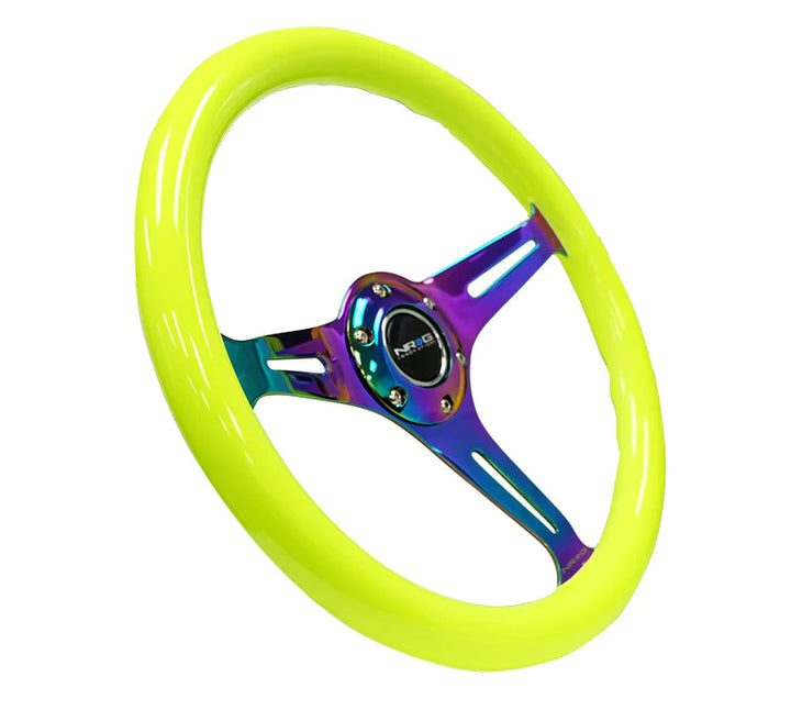 NRG Steering Wheel Wood Grain - 350mm 3 Neochrome spokes - Neon Yellow