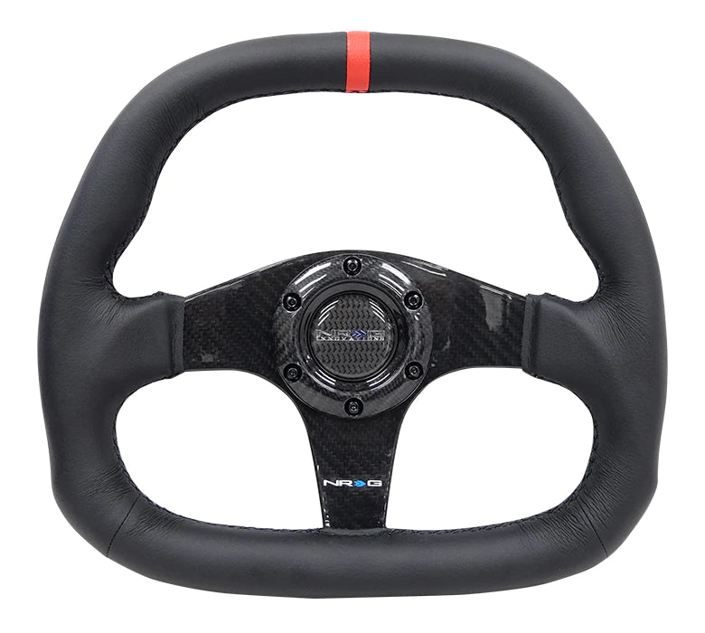 NRG Steering Wheel Carbon Fiber 320mm Black Carbon Fiber Center with Black Stitch Red Center Mark Flat Bottom