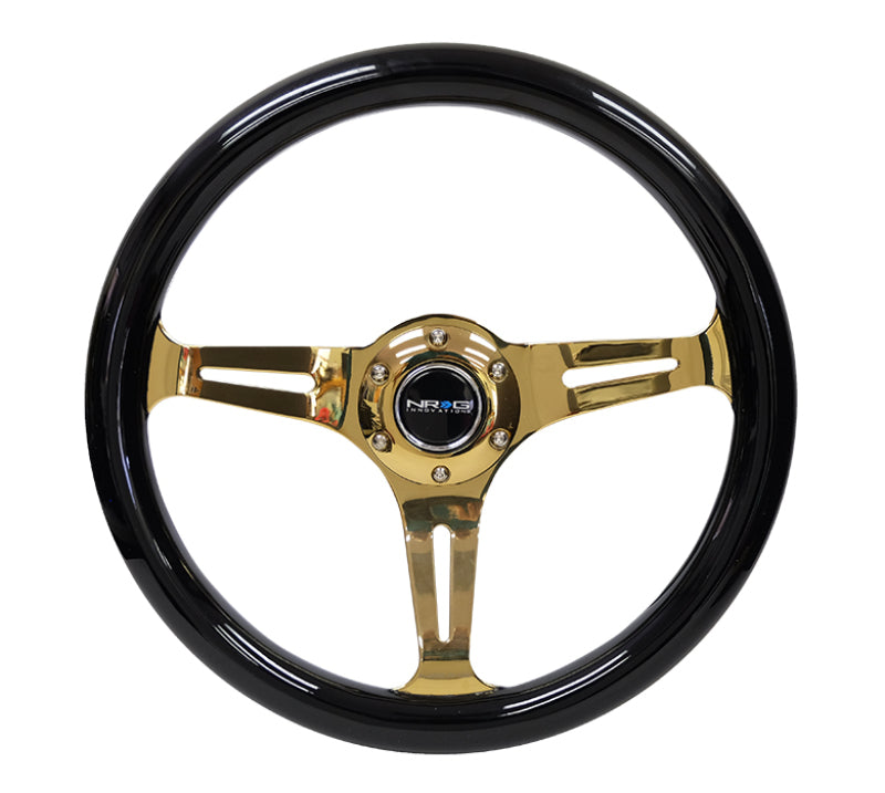 NRG Classic Wood Grain Steering Wheel (350mm) Black Grip w/Chrome Gold 3-Spoke Center