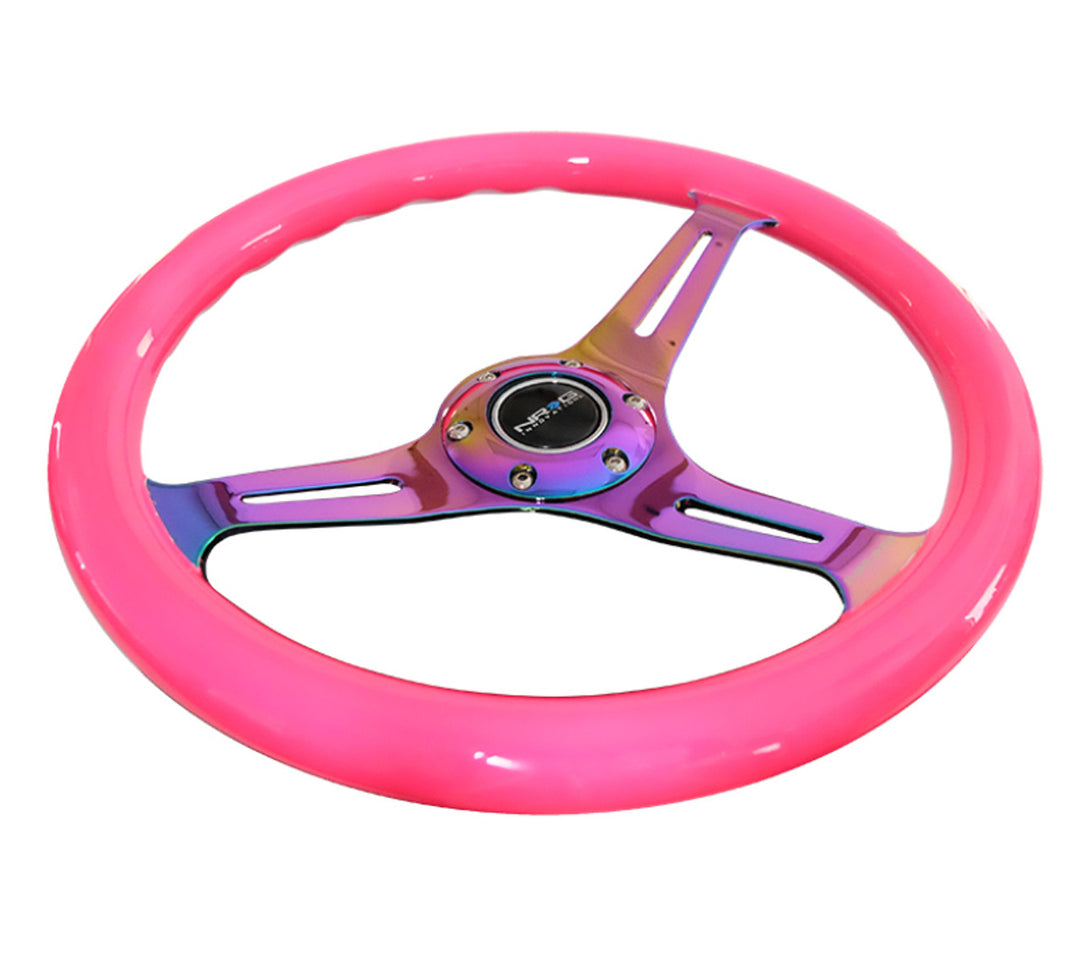 NRG Steering Wheel Wood Grain - 350mm 3 Neochrome spokes - Neon Pink