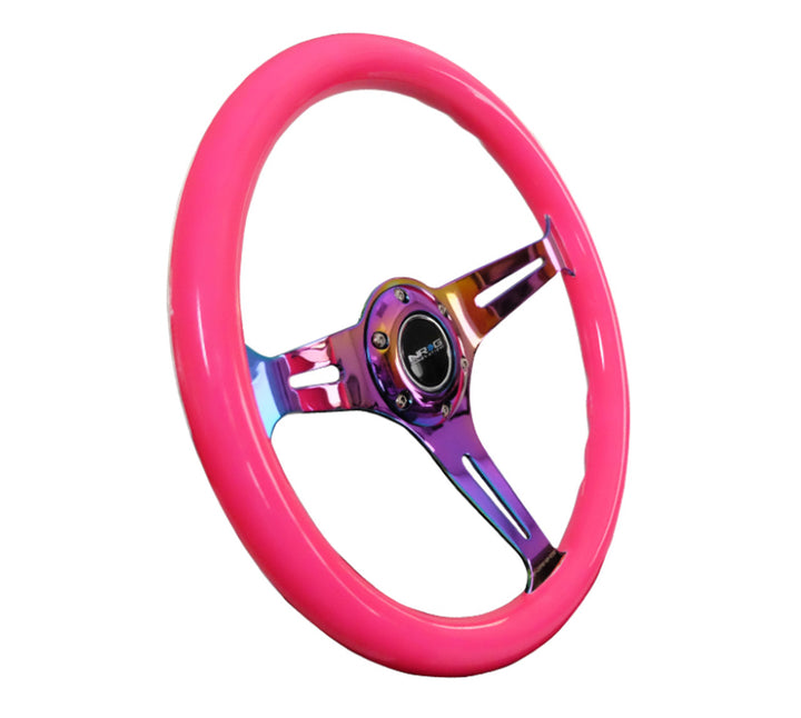 NRG Steering Wheel Wood Grain - 350mm 3 Neochrome spokes - Neon Pink