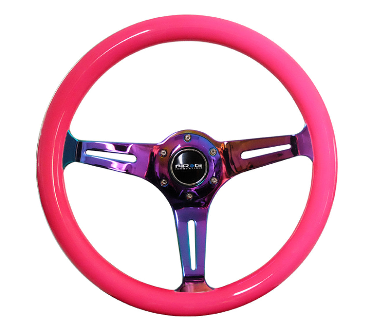 NRG Steering Wheel Wood Grain - 350mm 3 Neochrome spokes - Neon Pink