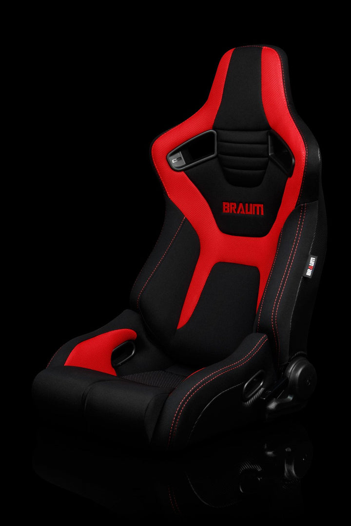 Braum Elite-R Series Sport Seats - Black & Red Polo Cloth/ Red Stitching (PAIR) - Lowered Lifestyle