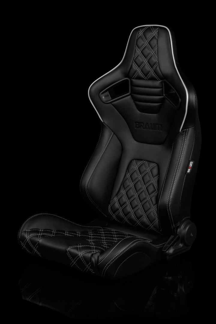 Braum Elite-X Series Sport Seats - Black Diamond / White Stitching / White Piping (PAIR) - Lowered Lifestyle