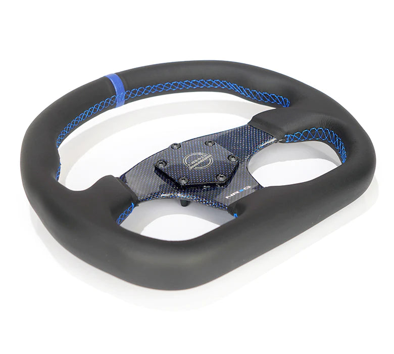 NRG Steering Wheel Carbon Fiber 320mm Blue Carbon Fiber Center with Blue Stitch Bluecenter Mark Flat Bottom
