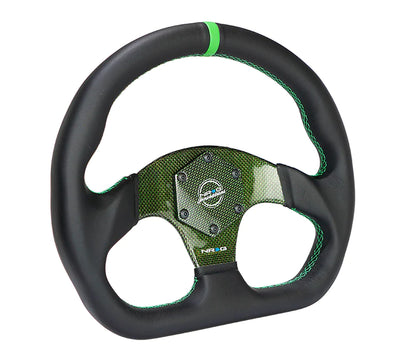 NRG Steering Wheel Carbon Fiber 320mm Green Carbon Fiber Center with Green Stitch Green Center Mark Flat Bottom
