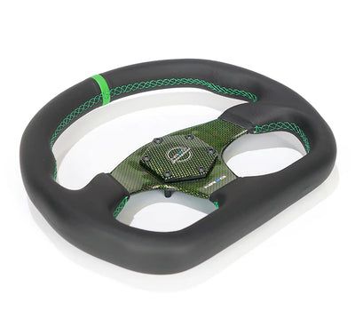 NRG Steering Wheel Carbon Fiber 320mm Green Carbon Fiber Center with Green Stitch Green Center Mark Flat Bottom