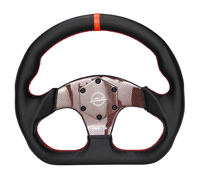 NRG Steering Wheel Carbon Fiber 320mm Red Carbon Fiber Center with Red Stitch Red Center Mark Flat Bottom