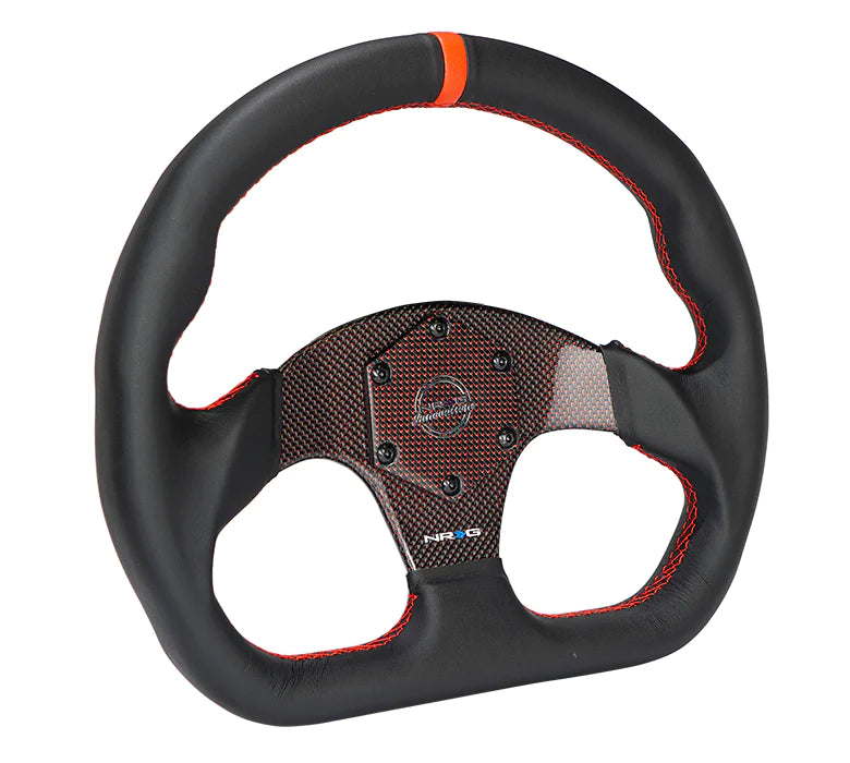 NRG Steering Wheel Carbon Fiber 320mm Red Carbon Fiber Center with Red Stitch Red Center Mark Flat Bottom