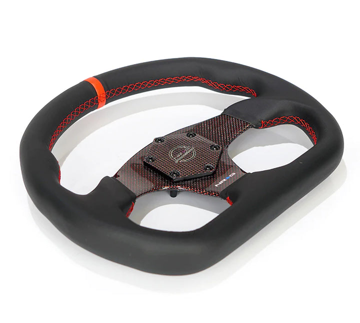 NRG Steering Wheel Carbon Fiber 320mm Red Carbon Fiber Center with Red Stitch Red Center Mark Flat Bottom