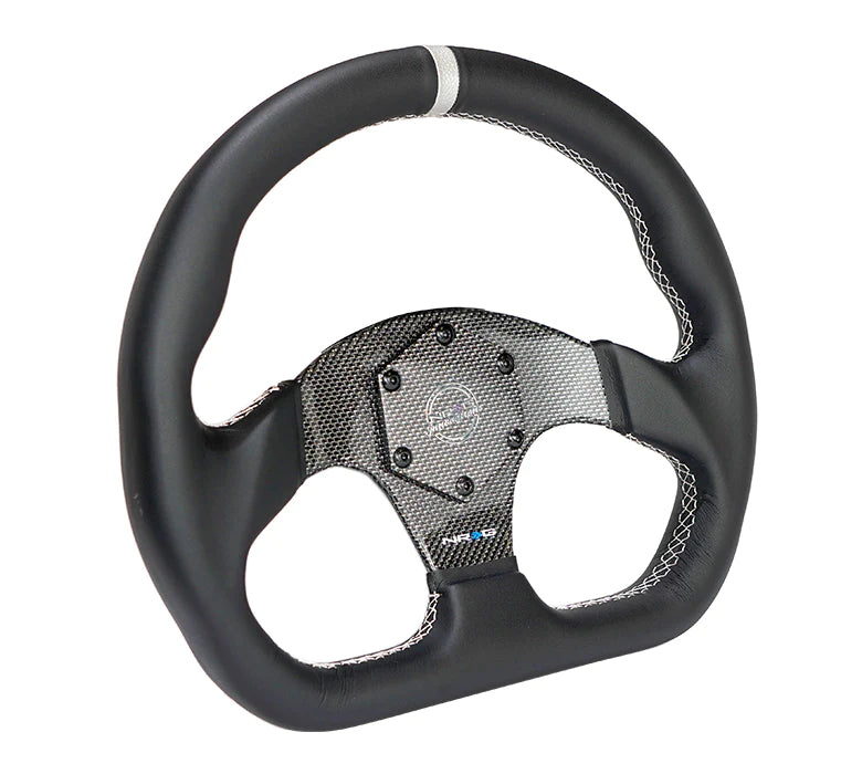 NRG Steering Wheel Carbon Fiber 320mm Silver Carbon Fiber Center with Silver Stitch Silver Center Mark Flat Bottom