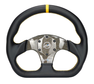 NRG Steering Wheel Carbon Fiber 320mm Yellow Carbon Fiber Center with Yellow Stitch Yellow Center Mark Flat Bottom