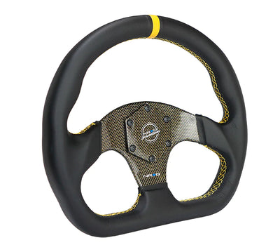 NRG Steering Wheel Carbon Fiber 320mm Yellow Carbon Fiber Center with Yellow Stitch Yellow Center Mark Flat Bottom