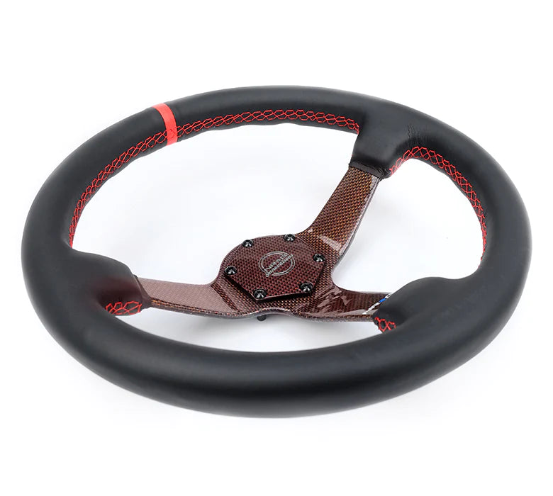 NRG Steering Wheel Carbon Fiber 350mm Red Carbon Fiber, Red Stiching, Red Center Mark, Leather