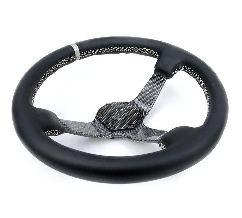 NRG Steering Wheel Carbon Fiber 350mm Gold Carbon Fiber, Gold Stiching, Gold Center Mark, Leather