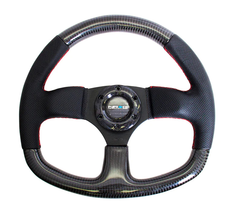 NRG Steering Wheel Carbon Fiber 320mm Flat Bottom with Red stitching