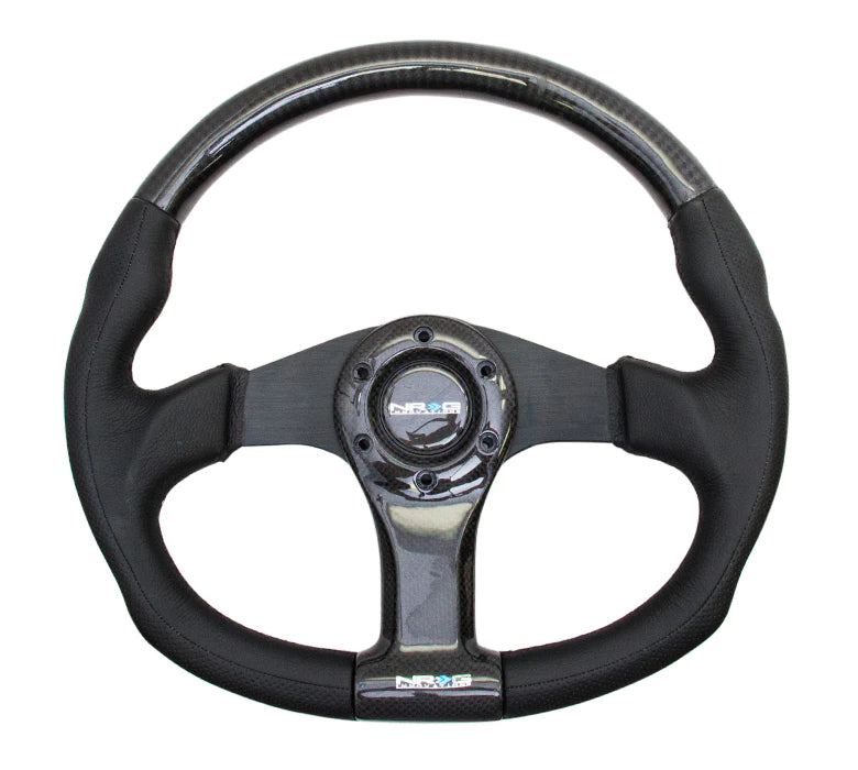 NRG Steering Wheel Carbon Fiber 350mm Blk frame black stitching with rubber cover horn button