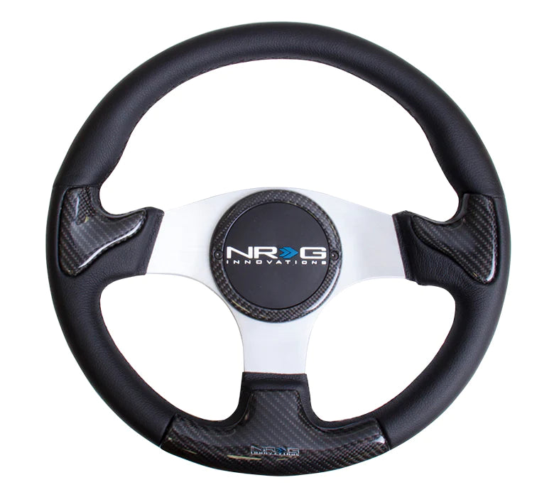 NRG Steering Wheel Carbon Fiber 350mm Silver frame blk stitching with rubber cover horn button