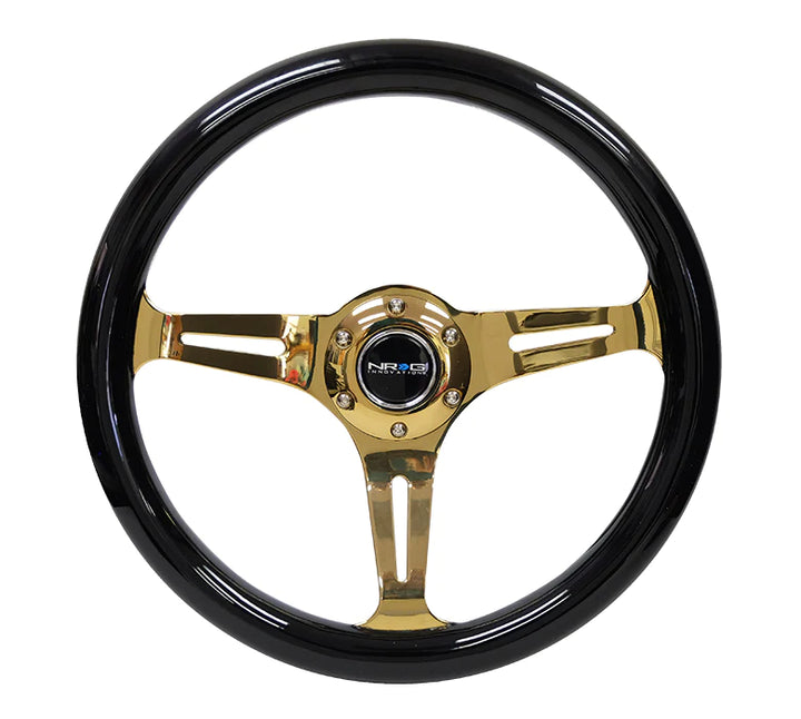 NRG Steering Wheel Wood Grain - 350mm 3 Chrome Gold Spokes - Black Grip