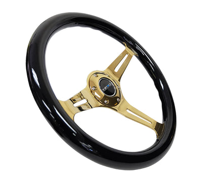 NRG Steering Wheel Wood Grain - 350mm 3 Chrome Gold Spokes - Black Grip