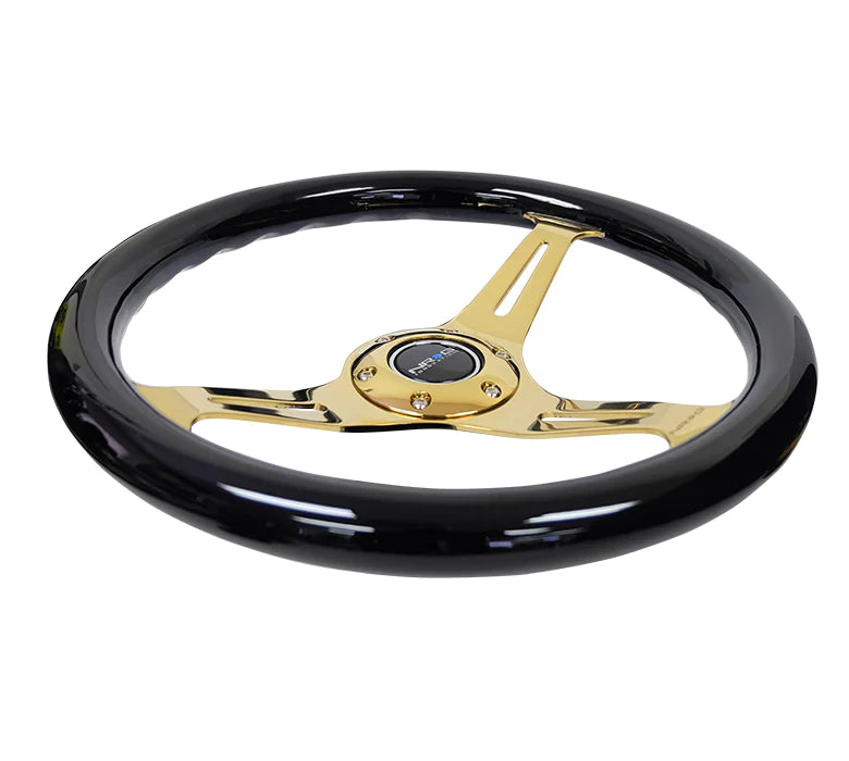 NRG Steering Wheel Wood Grain - 350mm 3 Chrome Gold Spokes - Black Grip