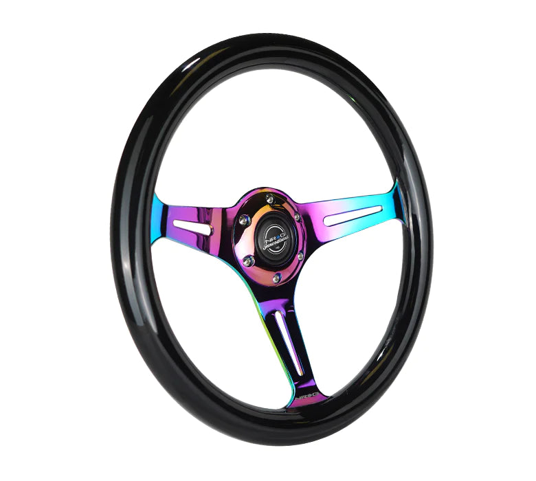 NRG Steering Wheel Wood Grain - 350mm 3 Neochrome spokes - Black Paint Grip