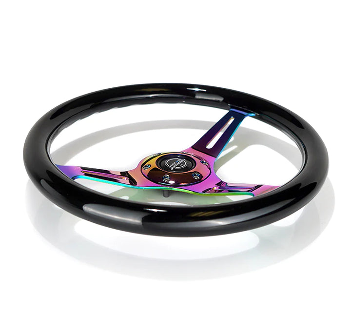 NRG Steering Wheel Wood Grain - 350mm 3 Neochrome spokes - Black Paint Grip