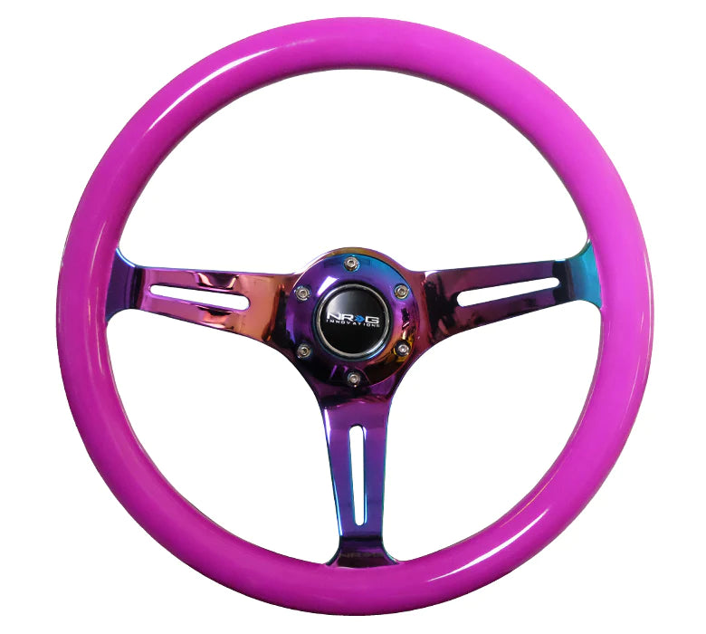 NRG Steering Wheel Wood Grain - 350mm 3 Neochrome spokes - Neon Purple