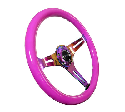NRG Steering Wheel Wood Grain - 350mm 3 Neochrome spokes - Neon Purple
