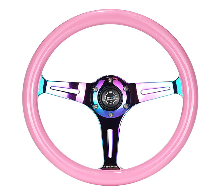 NRG Steering Wheel Wood Grain - 350mm 3 Neochrome spokes - solid pink painted grip