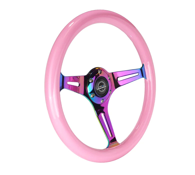 NRG Steering Wheel Wood Grain - 350mm 3 Neochrome spokes - solid pink painted grip